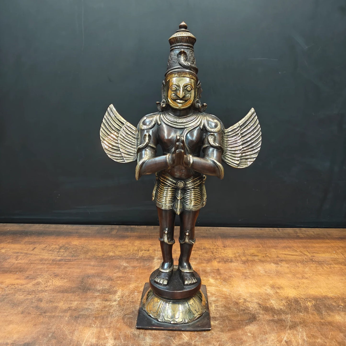 Brassaura® Brass Garuda Statue | Standing Garuda with Namaste Pose | Sacred Vishnu Vahana Idol for Home Temple, Pooja Room & Vastu Décor | Antique Finish | 23 Inch | 9.5 Kg