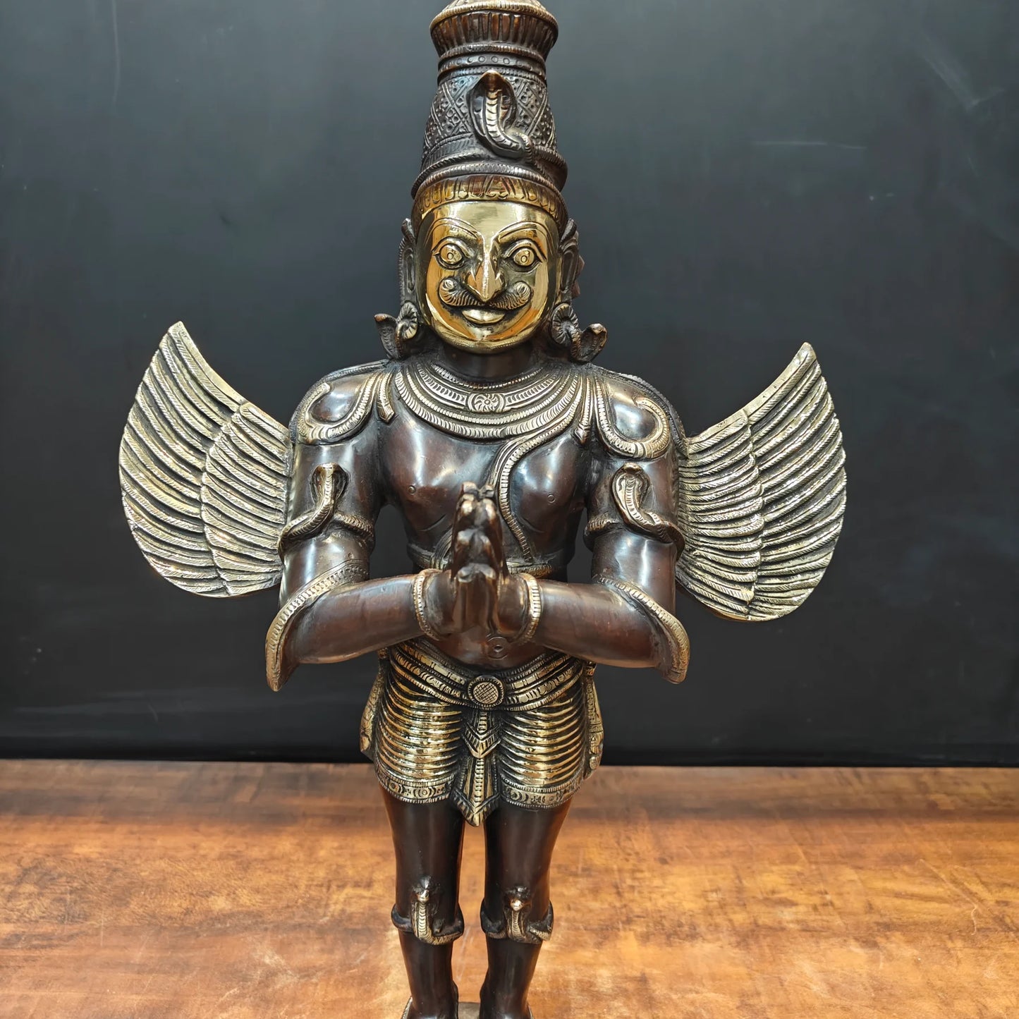 Brassaura® Brass Garuda Statue | Standing Garuda with Namaste Pose | Sacred Vishnu Vahana Idol for Home Temple, Pooja Room & Vastu Décor | Antique Finish | 23 Inch | 9.5 Kg
