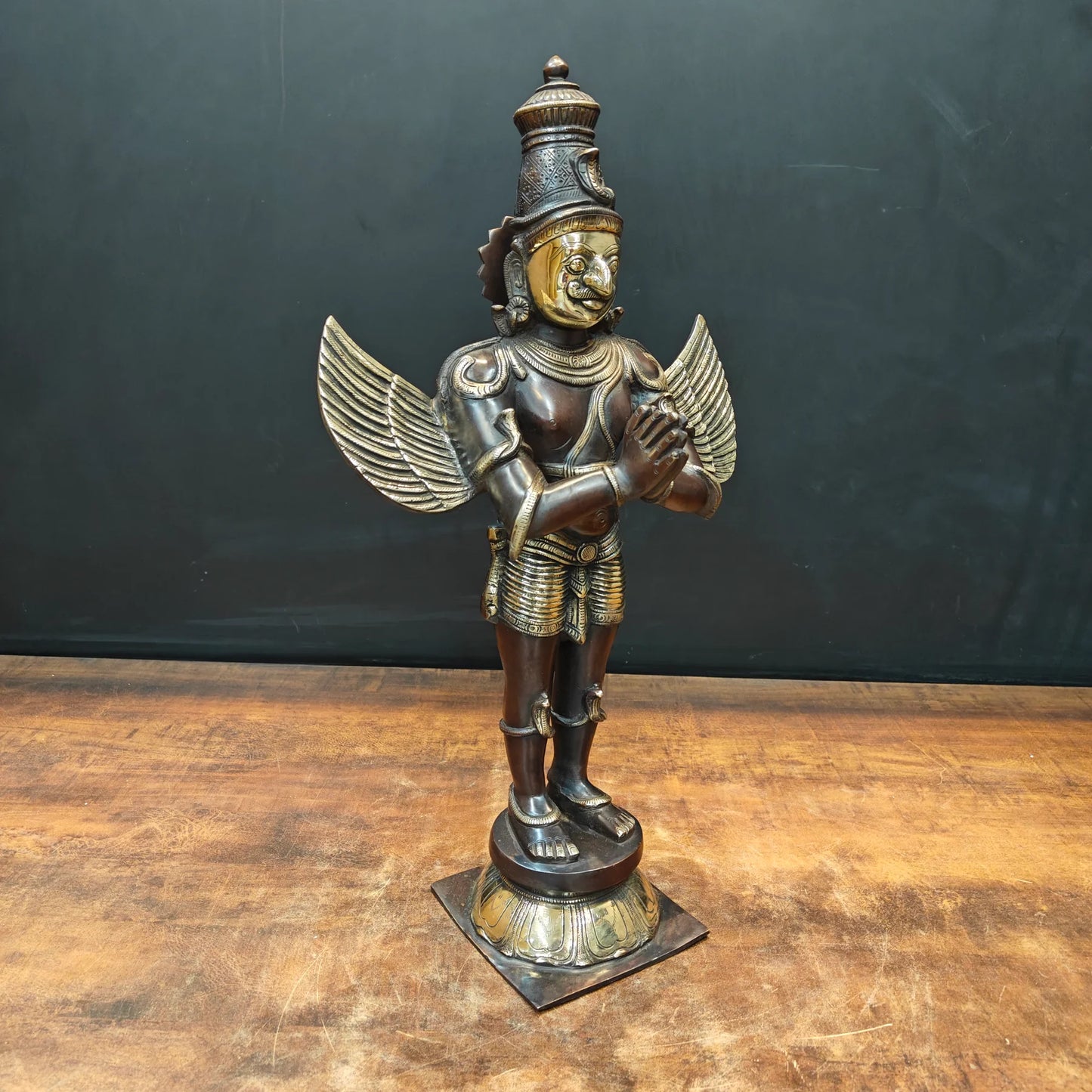 Brassaura® Brass Garuda Statue | Standing Garuda with Namaste Pose | Sacred Vishnu Vahana Idol for Home Temple, Pooja Room & Vastu Décor | Antique Finish | 23 Inch | 9.5 Kg