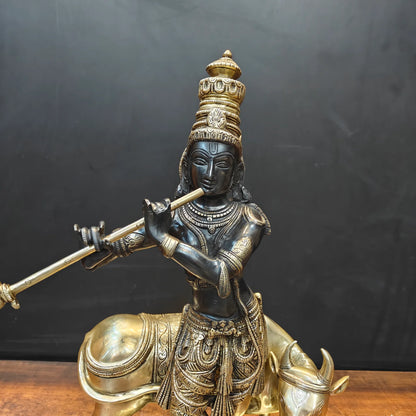Brassaura® Handmade Brass Krishna Playing Flute with Cow Idol | Lord Krishna Murti for Home Temple, Pooja Room & Living Room Décor | Height 26 Inches | 26 Kg