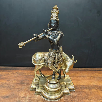 Brassaura® Handmade Brass Krishna Playing Flute with Cow Idol | Lord Krishna Murti for Home Temple, Pooja Room & Living Room Décor | Height 26 Inches | 26 Kg