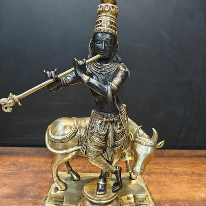 Brassaura® Handmade Brass Krishna Playing Flute with Cow Idol | Lord Krishna Murti for Home Temple, Pooja Room & Living Room Décor | Height 26 Inches | 26 Kg