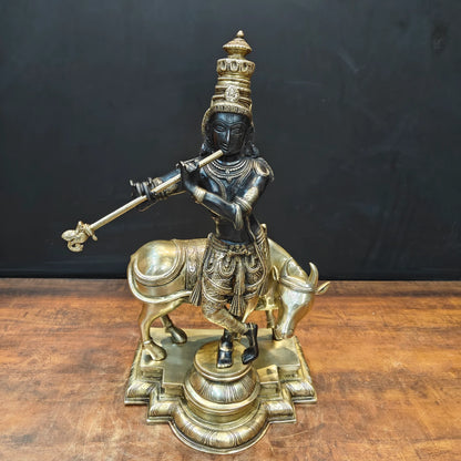 Brassaura® Handmade Brass Krishna Playing Flute with Cow Idol | Lord Krishna Murti for Home Temple, Pooja Room & Living Room Décor | Height 26 Inches | 26 Kg