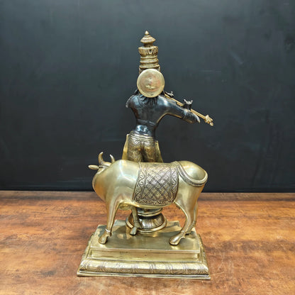 Brassaura® Handmade Brass Krishna Playing Flute with Cow Idol | Lord Krishna Murti for Home Temple, Pooja Room & Living Room Décor | Height 26 Inches | 26 Kg