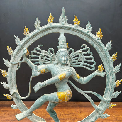 ब्रासोरा® वृंदावन वेणुगोपाल कृष्ण पीतल की प्रतिमा मोर के साथ | एंटीक नीला और सुनहरा रंग | ऊँचाई 20 इंच