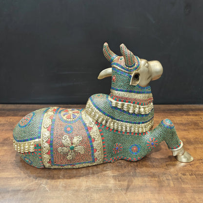 Brassaura® Brass Nandi Bull Idol | Decorative Stone Inlay Sacred Nandi Statue | Lord Shiva's Divine Vehicle for Home Temple, Pooja Room & Spiritual Décor | 22 Inches | 30 Kg