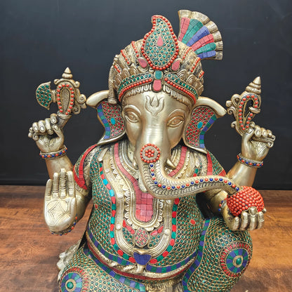 Brassaura® Handmade Brass Colorful Lord Ganesha Idol | Decorative Ganpati Murti for Home Temple, Living Room & Office Décor | Height 21 Inches | 28 Kg