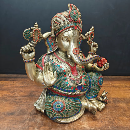Brassaura® Handmade Brass Colorful Lord Ganesha Idol | Decorative Ganpati Murti for Home Temple, Living Room & Office Décor | Height 21 Inches | 28 Kg