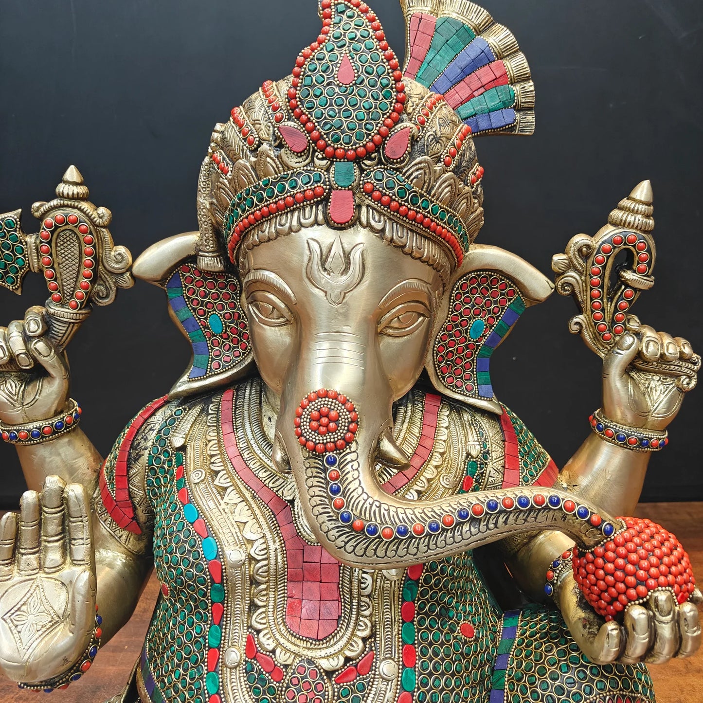 Brassaura® Handmade Brass Colorful Lord Ganesha Idol | Decorative Ganpati Murti for Home Temple, Living Room & Office Décor | Height 21 Inches | 28 Kg