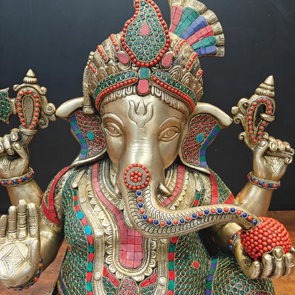Brassaura® Handmade Brass Colorful Lord Ganesha Idol | Decorative Ganpati Murti for Home Temple, Living Room & Office Décor | Height 21 Inches | 28 Kg