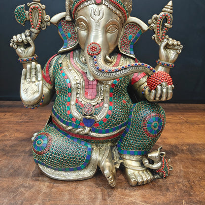 Brassaura® Handmade Brass Colorful Lord Ganesha Idol | Decorative Ganpati Murti for Home Temple, Living Room & Office Décor | Height 21 Inches | 28 Kg