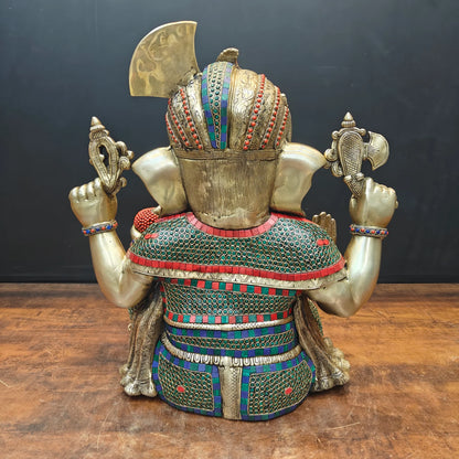 Brassaura® Handmade Brass Colorful Lord Ganesha Idol | Decorative Ganpati Murti for Home Temple, Living Room & Office Décor | Height 21 Inches | 28 Kg