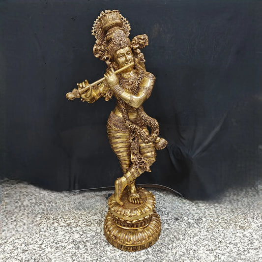 Brassaura® Handmade Brass Lord Krishna Playing Flute Statue | Premium Krishna Idol for Home Temple, Living Room & Spiritual Décor | Height 48 Inches | 60 Kg
