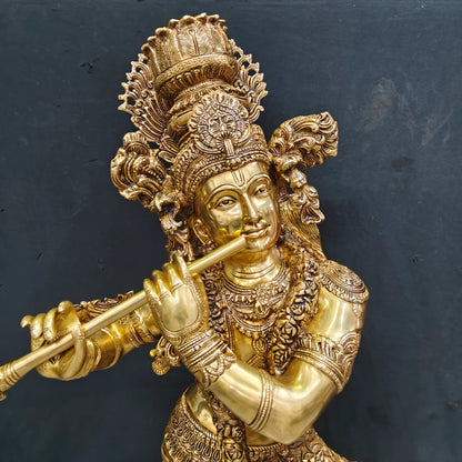Brassaura® Handmade Brass Lord Krishna Playing Flute Statue | Premium Krishna Idol for Home Temple, Living Room & Spiritual Décor | Height 48 Inches | 60 Kg