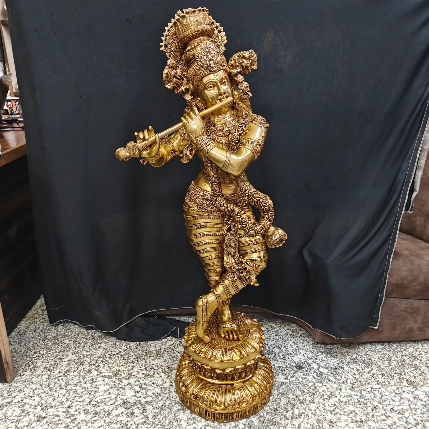 Brassaura® Handmade Brass Lord Krishna Playing Flute Statue | Premium Krishna Idol for Home Temple, Living Room & Spiritual Décor | Height 48 Inches | 60 Kg