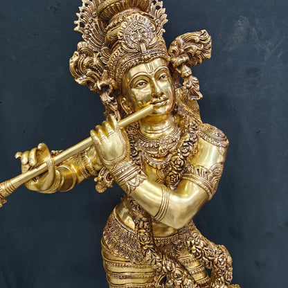 Brassaura® Handmade Brass Lord Krishna Playing Flute Statue | Premium Krishna Idol for Home Temple, Living Room & Spiritual Décor | Height 48 Inches | 60 Kg