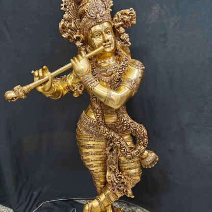Brassaura® Handmade Brass Lord Krishna Playing Flute Statue | Premium Krishna Idol for Home Temple, Living Room & Spiritual Décor | Height 48 Inches | 60 Kg