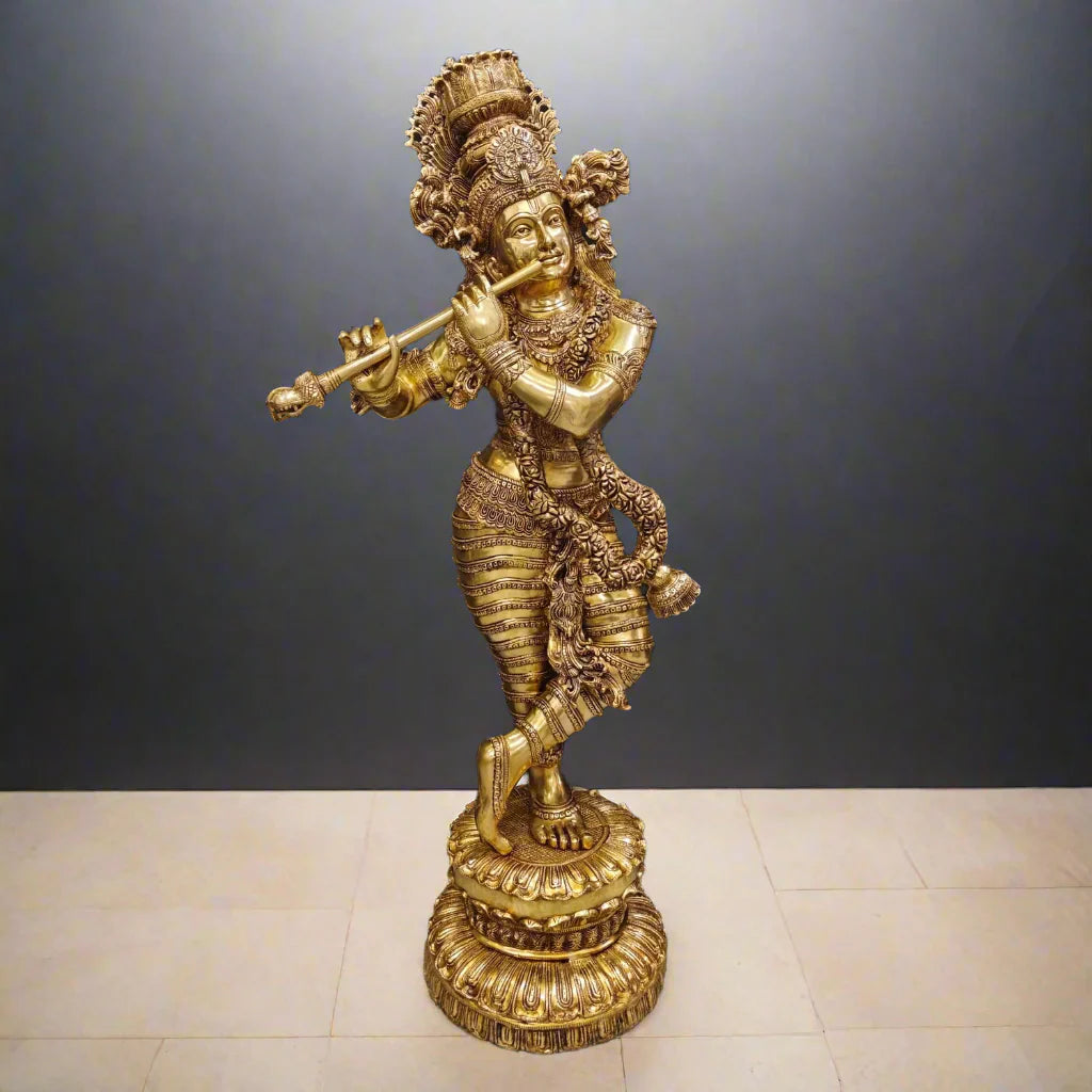 Brassaura® Handmade Brass Lord Krishna Playing Flute Statue | Premium Krishna Idol for Home Temple, Living Room & Spiritual Décor | Height 48 Inches | 60 Kg