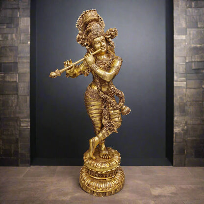 Brassaura® Handmade Brass Lord Krishna Playing Flute Statue | Premium Krishna Idol for Home Temple, Living Room & Spiritual Décor | Height 48 Inches | 60 Kg
