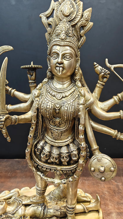 Brassaura® Brass Goddess Kali Idol | Maa Kali Standing Statue on Shiva | Divine Hindu Goddess Murti for Home Temple, Pooja Room & Spiritual Décor | 27 Inches | 20 Kg