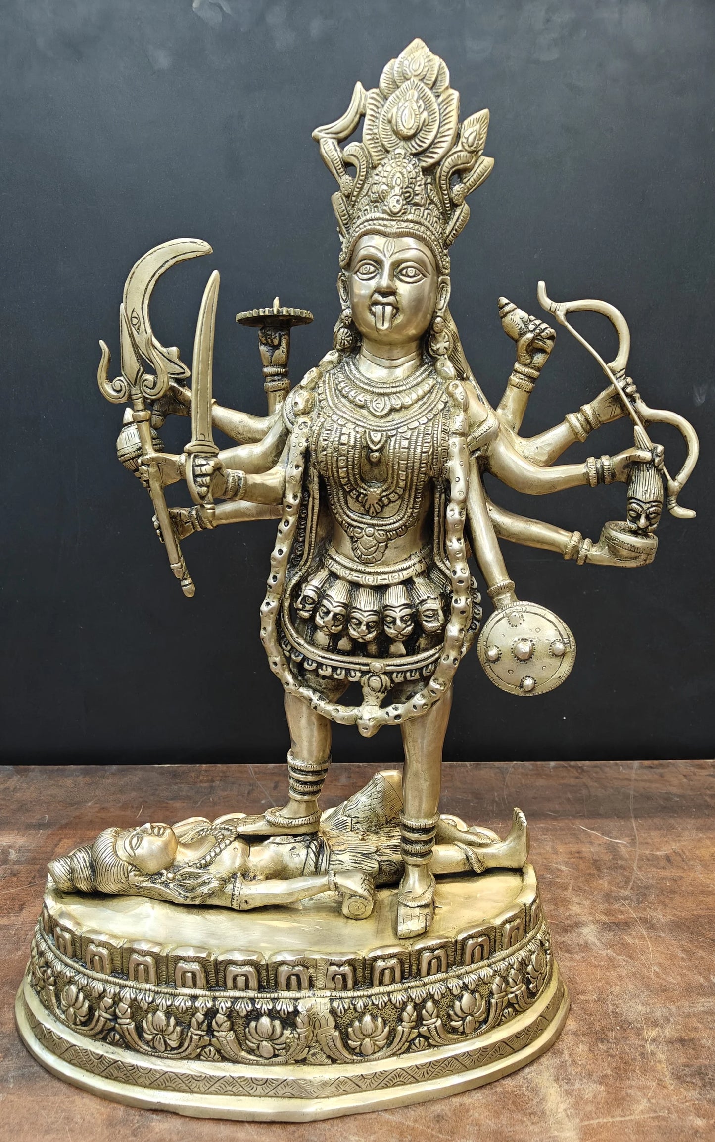 Brassaura® Brass Goddess Kali Idol | Maa Kali Standing Statue on Shiva | Divine Hindu Goddess Murti for Home Temple, Pooja Room & Spiritual Décor | 27 Inches | 20 Kg
