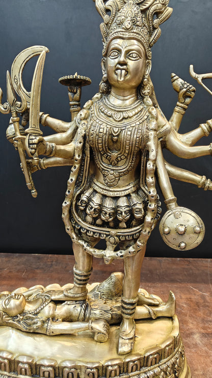 Brassaura® Brass Goddess Kali Idol | Maa Kali Standing Statue on Shiva | Divine Hindu Goddess Murti for Home Temple, Pooja Room & Spiritual Décor | 27 Inches | 20 Kg
