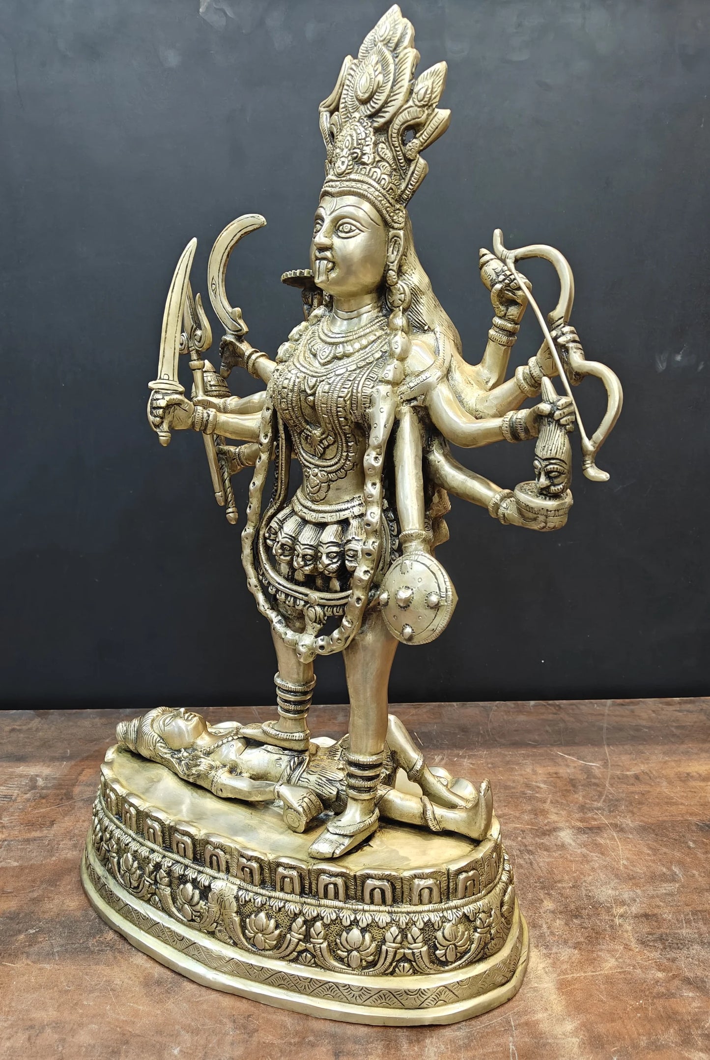 Brassaura® Brass Goddess Kali Idol | Maa Kali Standing Statue on Shiva | Divine Hindu Goddess Murti for Home Temple, Pooja Room & Spiritual Décor | 27 Inches | 20 Kg
