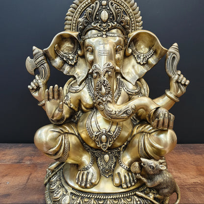 Brassaura® Brass Lord Ganesha Idol | Seated Ganpati Murti with Mouse | Handcrafted Brass Statue for Home Temple, Pooja Room & Spiritual Décor | 23 Inches | 33 Kg