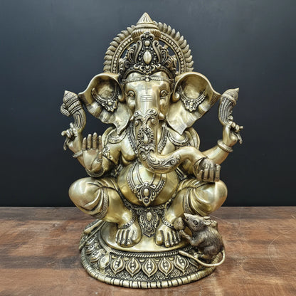 Brassaura® Brass Lord Ganesha Idol | Seated Ganpati Murti with Mouse | Handcrafted Brass Statue for Home Temple, Pooja Room & Spiritual Décor | 23 Inches | 33 Kg