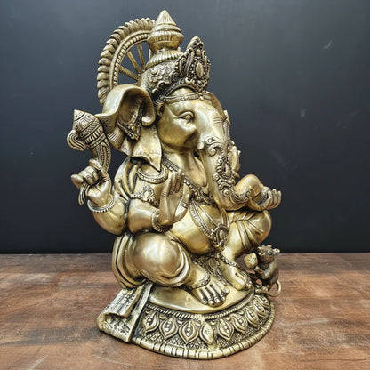 Brassaura® Brass Lord Ganesha Idol | Seated Ganpati Murti with Mouse | Handcrafted Brass Statue for Home Temple, Pooja Room & Spiritual Décor | 23 Inches | 33 Kg