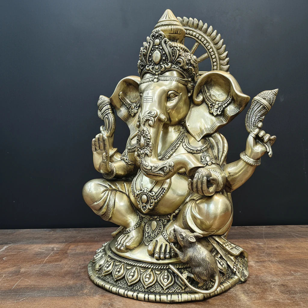 Brassaura® Brass Lord Ganesha Idol | Seated Ganpati Murti with Mouse | Handcrafted Brass Statue for Home Temple, Pooja Room & Spiritual Décor | 23 Inches | 33 Kg
