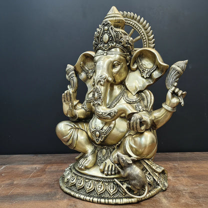 Brassaura® Brass Lord Ganesha Idol | Seated Ganpati Murti with Mouse | Handcrafted Brass Statue for Home Temple, Pooja Room & Spiritual Décor | 23 Inches | 33 Kg