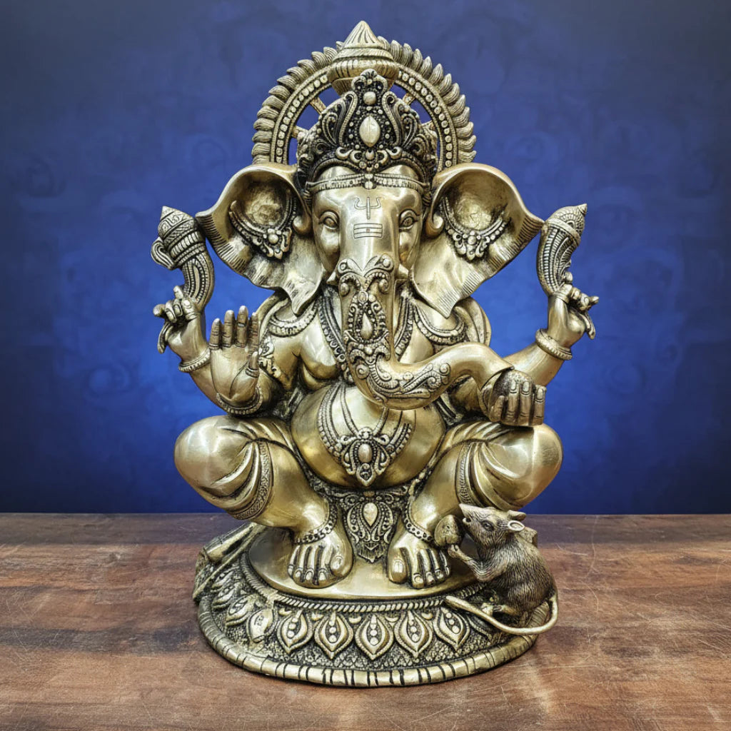 Brassaura® Brass Lord Ganesha Idol | Seated Ganpati Murti with Mouse | Handcrafted Brass Statue for Home Temple, Pooja Room & Spiritual Décor | 23 Inches | 33 Kg