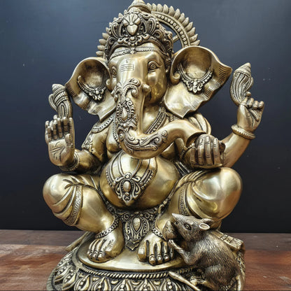 Brassaura® Brass Lord Ganesha Idol | Seated Ganpati Murti with Mouse | Handcrafted Brass Statue for Home Temple, Pooja Room & Spiritual Décor | 23 Inches | 33 Kg