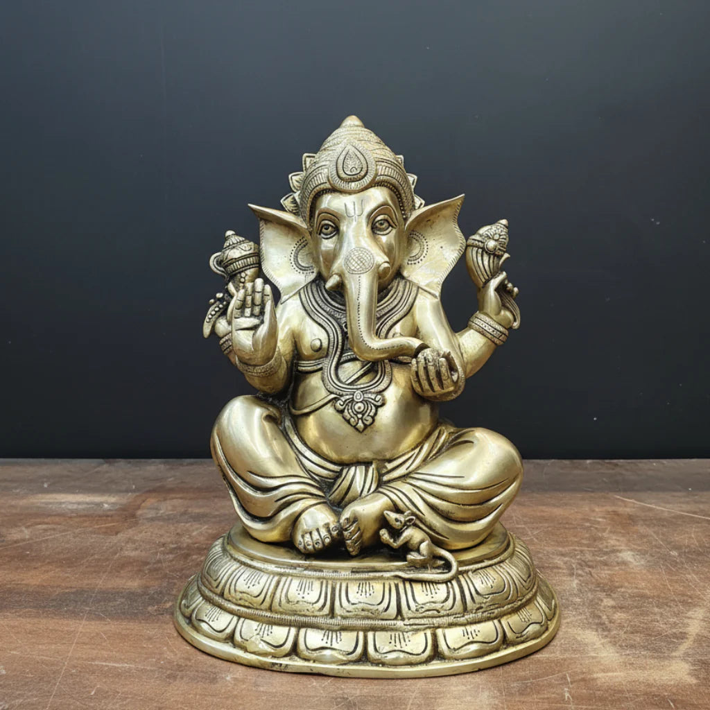 Brassaura® Brass Lord Ganesha Idol | Seated Ganpati Murti with Mouse | Handcrafted Brass Statue for Home Temple, Pooja Room & Spiritual Décor | 15 Inches | 15 Kg