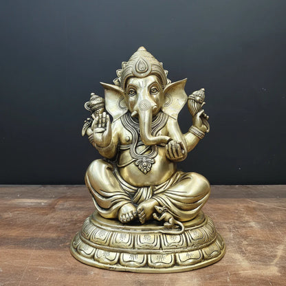Brassaura® Brass Lord Ganesha Idol | Seated Ganpati Murti with Mouse | Handcrafted Brass Statue for Home Temple, Pooja Room & Spiritual Décor | 15 Inches | 15 Kg