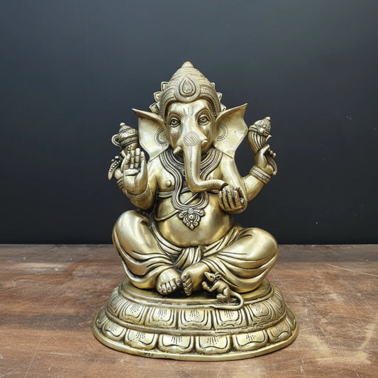 Brassaura® Brass Lord Ganesha Idol | Seated Ganpati Murti with Mouse | Handcrafted Brass Statue for Home Temple, Pooja Room & Spiritual Décor | 15 Inches | 15 Kg