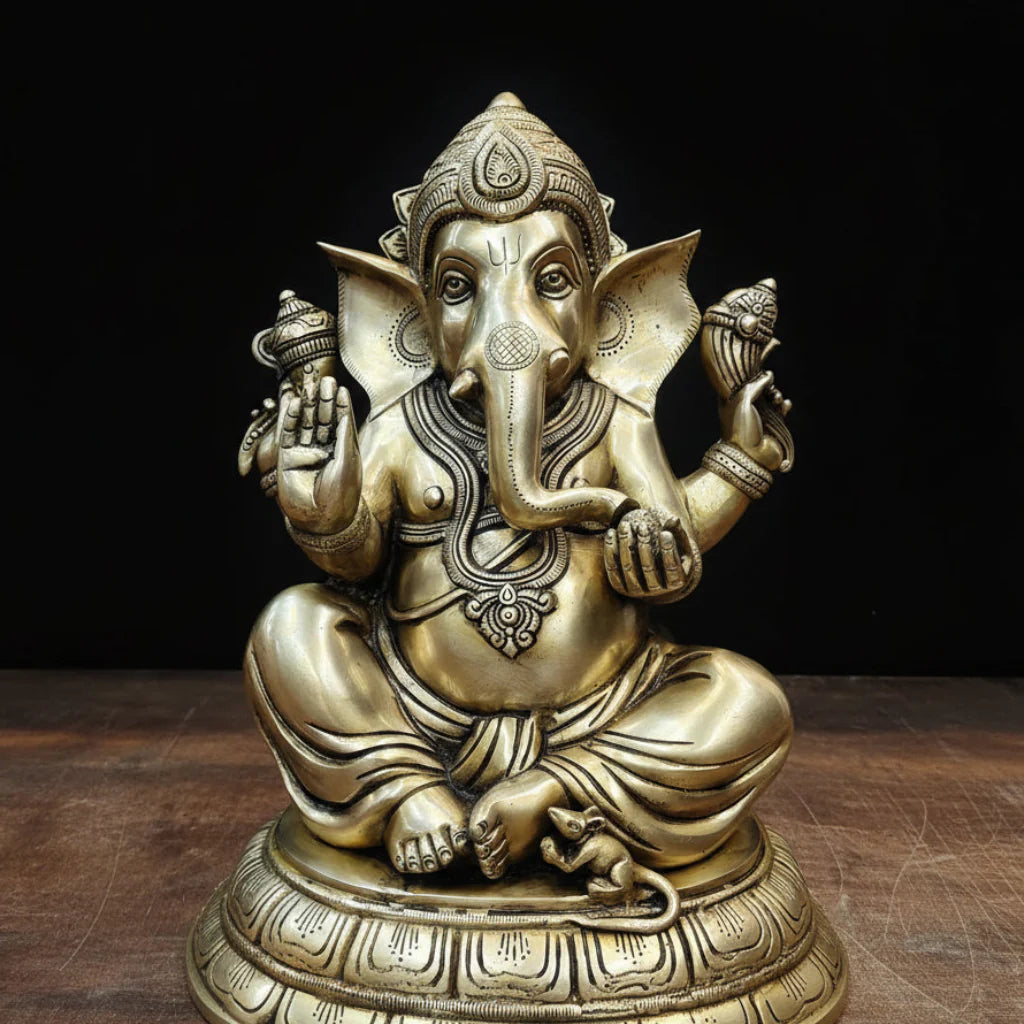 Brassaura® Brass Lord Ganesha Idol | Seated Ganpati Murti with Mouse | Handcrafted Brass Statue for Home Temple, Pooja Room & Spiritual Décor | 15 Inches | 15 Kg