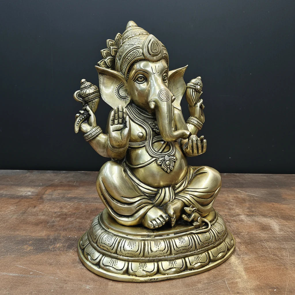 Brassaura® Brass Lord Ganesha Idol | Seated Ganpati Murti with Mouse | Handcrafted Brass Statue for Home Temple, Pooja Room & Spiritual Décor | 15 Inches | 15 Kg