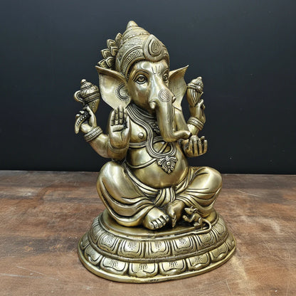 Brassaura® Brass Lord Ganesha Idol | Seated Ganpati Murti with Mouse | Handcrafted Brass Statue for Home Temple, Pooja Room & Spiritual Décor | 15 Inches | 15 Kg
