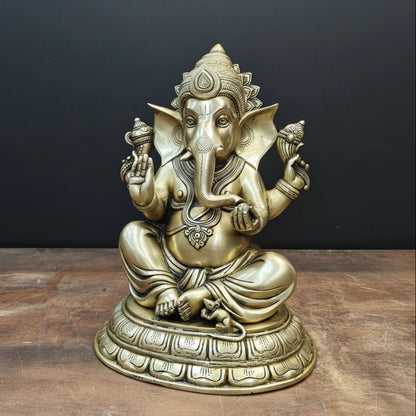 Brassaura® Brass Lord Ganesha Idol | Seated Ganpati Murti with Mouse | Handcrafted Brass Statue for Home Temple, Pooja Room & Spiritual Décor | 15 Inches | 15 Kg