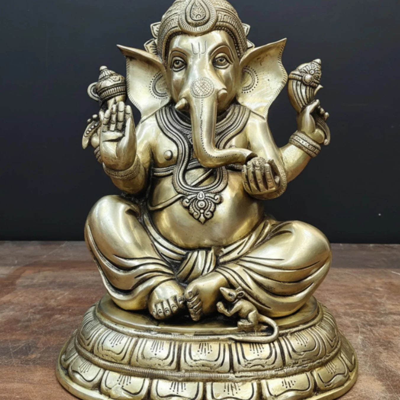 Brassaura® Brass Lord Ganesha Idol | Seated Ganpati Murti with Mouse | Handcrafted Brass Statue for Home Temple, Pooja Room & Spiritual Décor | 15 Inches | 15 Kg