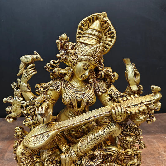 Brassaura® Handmade Brass Goddess Saraswati Idol with Veena | Maa Saraswati Murti for Home Temple, Pooja Room & Office Décor | Height 16 Inches | 17.4 Kg
