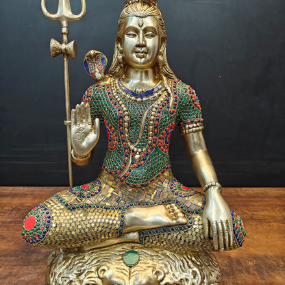 Brassaura® Handmade Brass Meditating Lord Shiva Idol | Shiv Shankar Murti for Home Temple, Living Room & Spiritual Décor | Height 24 Inches | 17.5 Kg
