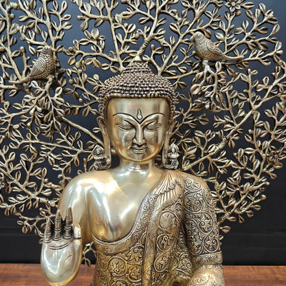 Brassaura® Premium Brass Buddha Under Bodhi Tree Statue | Handcrafted Lord Buddha Sculpture for Home, Temple & Meditation Décor | Antique Brass Finish | 32 Kg