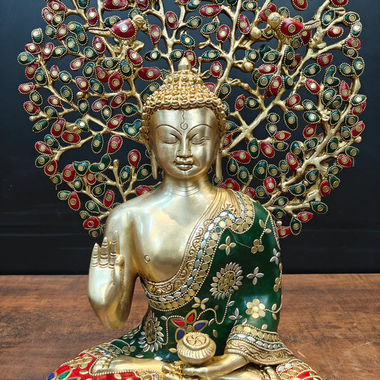 Brassaura® Handcrafted Brass Buddha Idol with Bodhi Tree | Premium Decorative Buddha Statue for Home, Living Room, Office & Meditation Décor | 22 Inches | 12.5 Kg