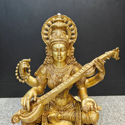 Brassaura® Brass Goddess Saraswati Statue with Veena | Maa Saraswati Idol for Home Temple, Study Room & Spiritual Décor | Handcrafted Brass Murti | 27 Inches | 35 Kg