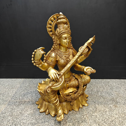 Brassaura® Brass Goddess Saraswati Statue with Veena | Maa Saraswati Idol for Home Temple, Study Room & Spiritual Décor | Handcrafted Brass Murti | 27 Inches | 35 Kg
