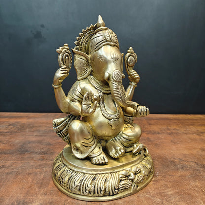 Brassaura® Brass Sitting Ganesha Statue | Lord Ganpati Idol for Home Temple, Pooja Room & Spiritual Décor | Handcrafted Brass Murti | 11 Inches | 6 Kg