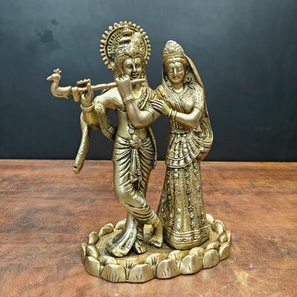 Brassaura® Brass Radha Krishna Statue | Lord Krishna Playing Flute with Radha | Divine Brass Idol for Home Temple & Spiritual Décor | 10 Inches | 4 Kg